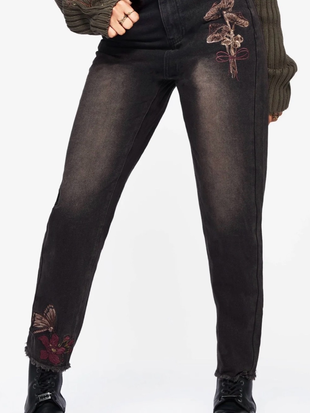 Disturbia Valeria Floral Moth Embroidered Mom Jeans